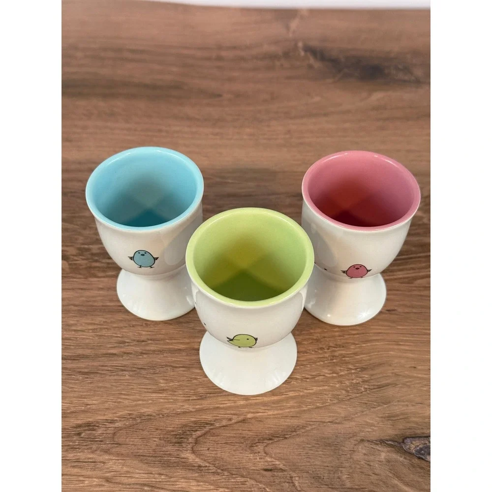 VTG Set of THREE (3) Blue Green Pink Baby Chick Chicken Motif Porcelain Egg Cups
